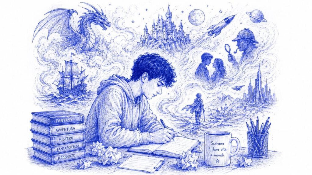 Studente che scrive un racconto circondato da mondi fantastici, avventure, misteri e storie nate dalla fantasia.