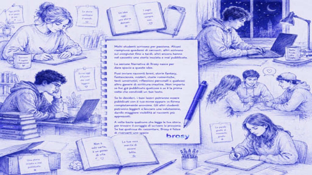 Illustrazione di studenti che scrivono racconti e condividono esperienze universitarie sul blog di Brosy.